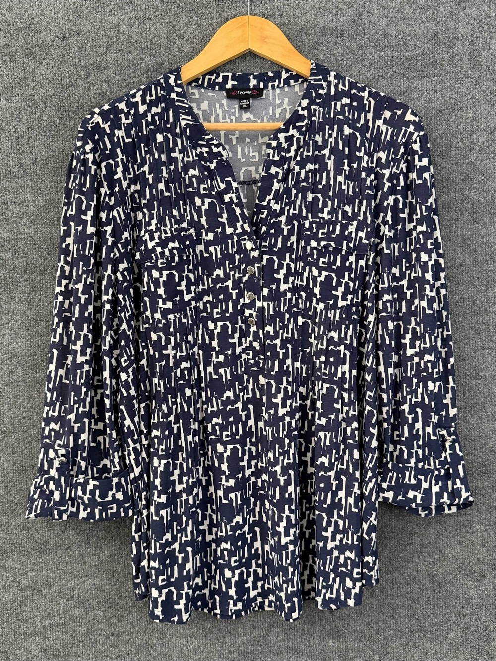 Cocomo Womens 3/4 Sleeve Geometric Print Top Size XL Blue White Office Stretch